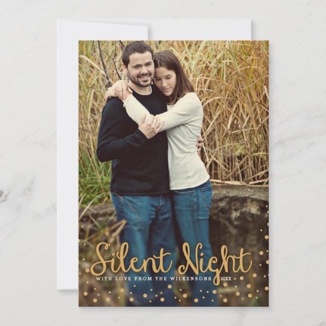 Silent Night Merry Christmas Gold Tone Photo Card (Front)