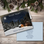 Silent Night Mountain Forest Cabin Christmas<br><div class="desc">The front of this pretty Christmas card has a beautiful image of a winter pine forest, starry sky, and snow covered cabin. The text in white at the top says "Silent Night". At the bottom is dark blue text that says "Holy Night". The inside top of this card has the...</div>