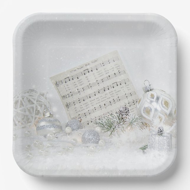 Silent Night Music In Snowflakes Paper Plate (Front)