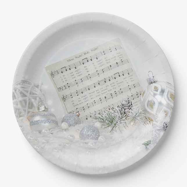 Silent Night Music With Ornaments Paper Plate (Front)