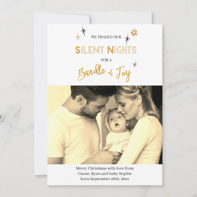 Silent Night Photo Birth Announcement Holiday Card (Front)