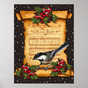 Silent Night Sheet Music, Chickadee, Snow: Art Poster