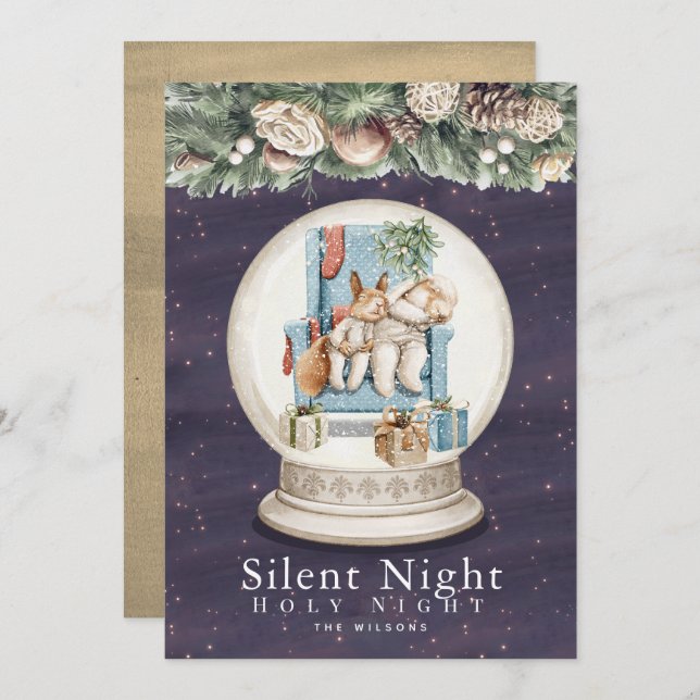 Silent Night Sleeping Animals Snow Grobe Holiday Card (Front/Back)