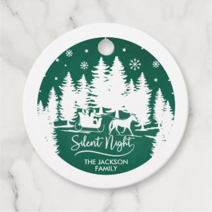 Silent night sleight pines snowflake green & white favour tags