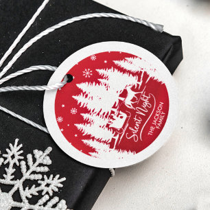 Silent night sleight pines snowflake red & white favour tags