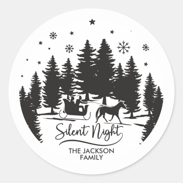 Silent night sleight snowflakes pines silhouettes classic round sticker (Front)