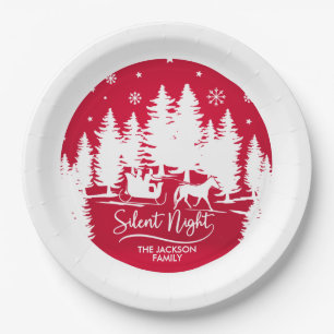 Silent night sleight snowflakes pines silhouettes paper plate