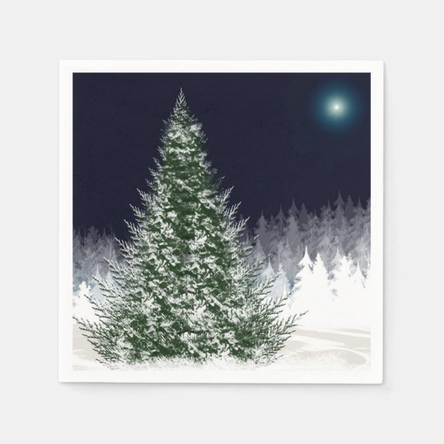 Silent Night Snow Covered Christmas Tree Holiday Napkin (Front)