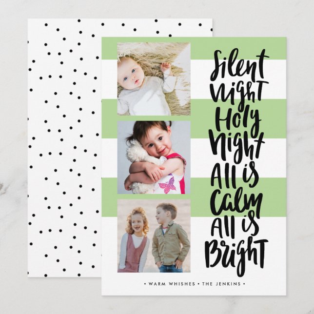 Silent Night three photo holidays Christmas Green Invitation (Front/Back)