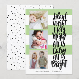 Silent Night three photo holidays Christmas Green Invitation