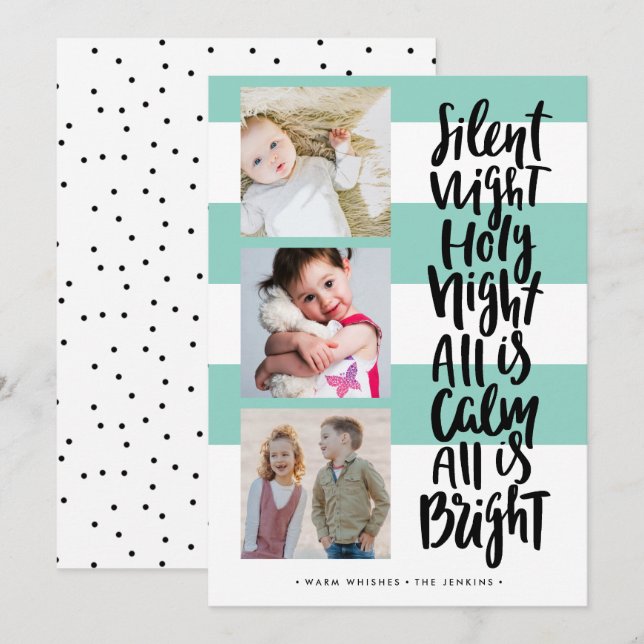Silent Night three photo holidays Christmas | Mint Invitation (Front/Back)