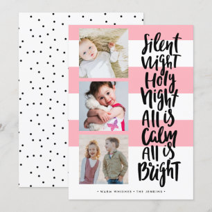 Silent Night three photo holidays Christmas   Pink Invitation