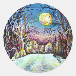 Silent Night Winter Full Moon in Sweden Classic Round Sticker