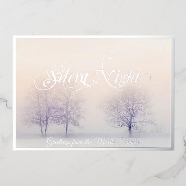 Silent night winter trees foil holiday card (Front)