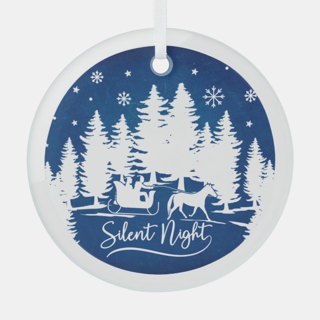 Silent night with sleight snowflakes pines blue glass tree decoration (Front)