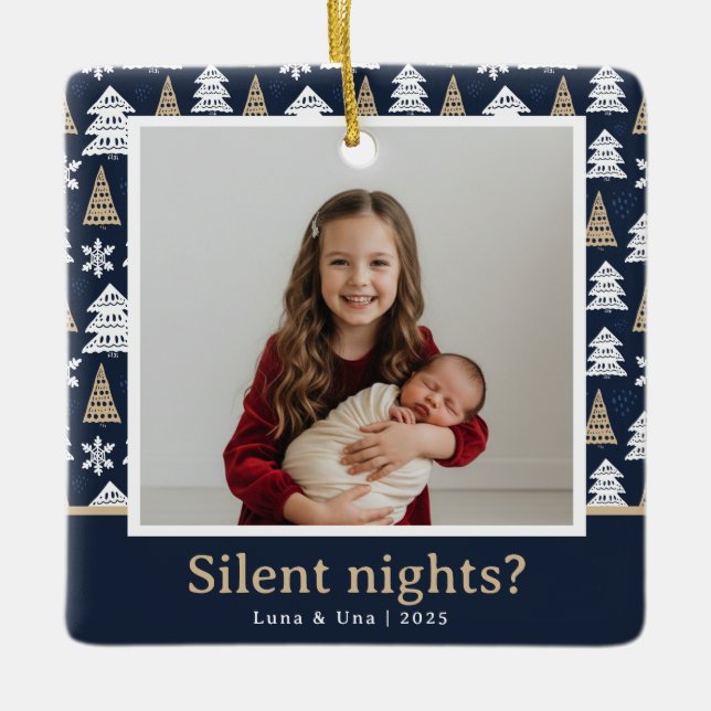 Silent Nights? – Navy & Gold Tree Border Ceramic Ornament (Front)