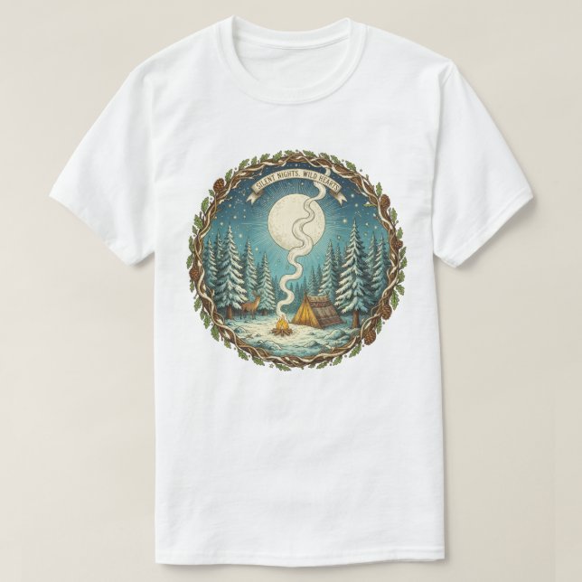 Silent Nights Wild Hearts Winter Camping Art T-Shirt (Design Front)