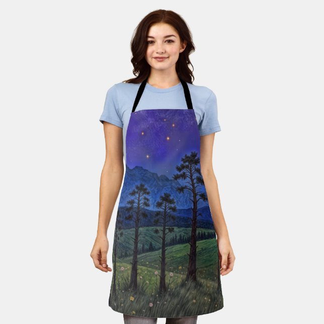 Silent Pines, Cosmic Dance – A Forest Landscape Apron (Worn)