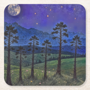 Silent Pines, Cosmic Dance – A Forest Landscape Square Paper Coaster