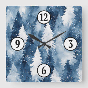 Silent Pines Winter Forest Square Wall Clock