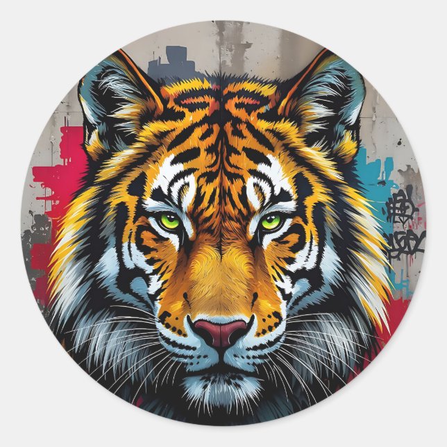 Silent Strength – Tiger Graffiti Art Classic Round Sticker (Front)