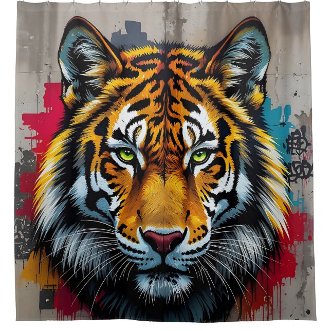 Silent Strength – Tiger Graffiti Art Shower Curtain (Front)