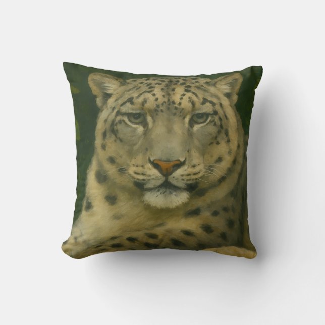 Silent Watcher – Snow Leopard in Forest Light Cushion (Front)