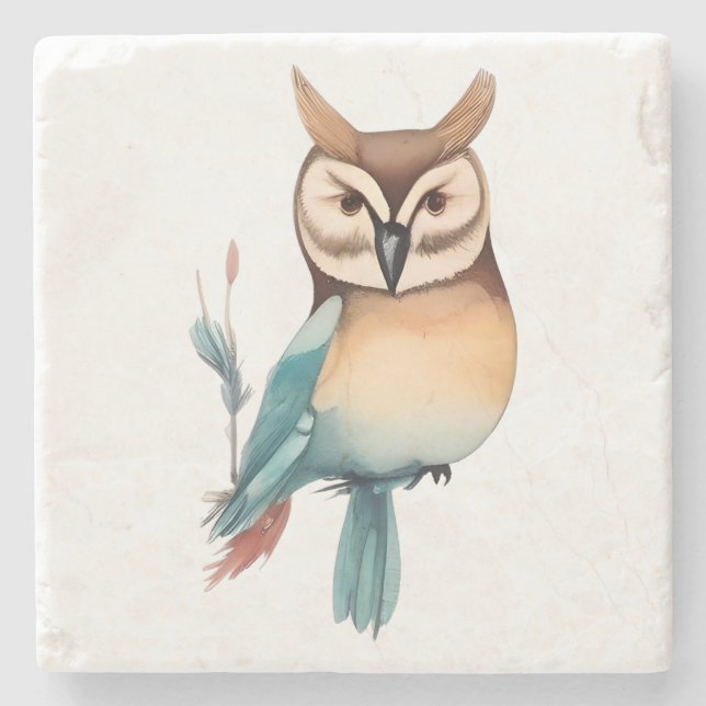 Silent Watcher: Whimsical Owl in Soft Tones Stone Coaster (Front)