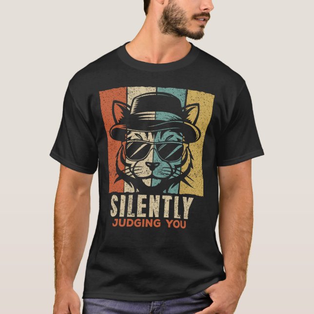 Silently Judging You Retro Cool Cat T-Shirt (Front)