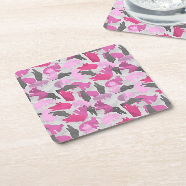 Silhouette Animal Camouflage Pink Square Paper Coaster (Angled)