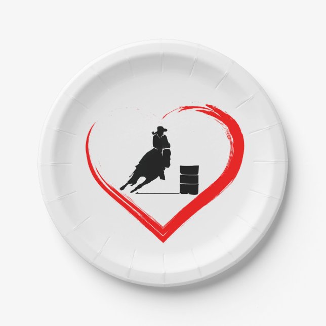 Silhouette Barrel Racing Cowgirl, Horse and Heart Paper Plate (Front)
