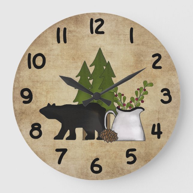 Silhouette Bear Rustic Country Mountain Large Clock (Front)