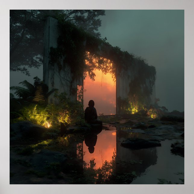 Silhouette Before Fiery Ruin Sunset Poster (Front)