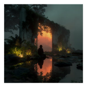 Silhouette Before Fiery Ruin Sunset Poster
