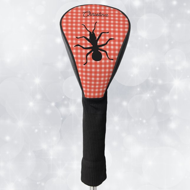 Silhouette Big Black Ant on Red white Plaid Golf Head Cover (Big black ant silhouette on tablecloth picnic red and white plaid pattern on golf club cover.)