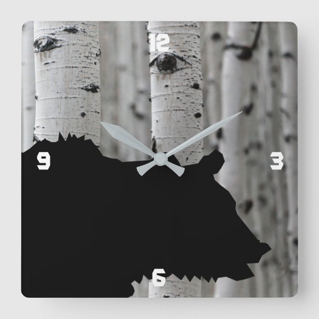Silhouette Black Bear Aspen Tree Wall Clock (Front)