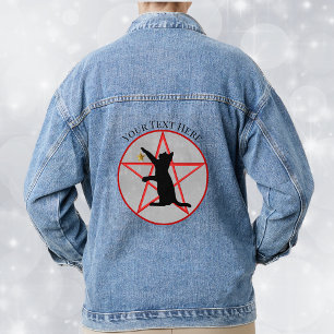 Silhouette Black Cat in Red Pentagram Gold Star  Denim Jacket