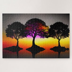 Silhouette Black Trees and Colorful Sunset Jigsaw Puzzle