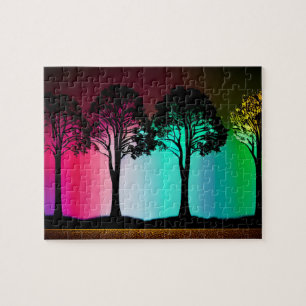 Silhouette Black Trees with Vibrant Colour Backdro Jigsaw Puzzle