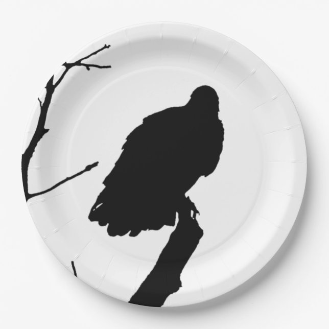 Silhouette Black & White Vulture Bird of Prey Paper Plate (Front)