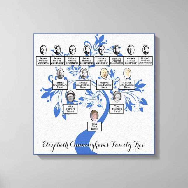 Silhouette Blue Floral Tree Four Generation Photo Canvas Print (Front)