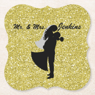 Silhouette Bride & Groom Gold Faux Glitter Paper Coaster