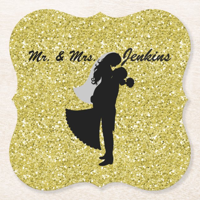 Silhouette Bride & Groom Gold Faux Glitter Paper Coaster (Front)