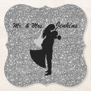 Silhouette Bride & Groom Silver Faux Glitter Paper Coaster