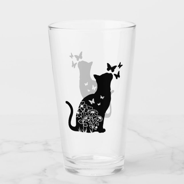 Silhouette Cat & Butterflies, Cat Lover, Cat Owner Glass (Front)