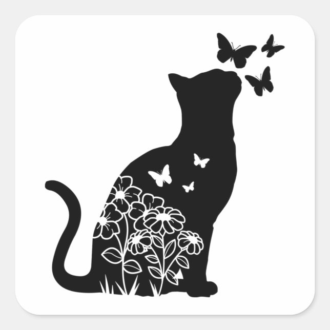 Silhouette Cat & Butterflies, Cat Lover, Cat Owner Square Sticker (Front)