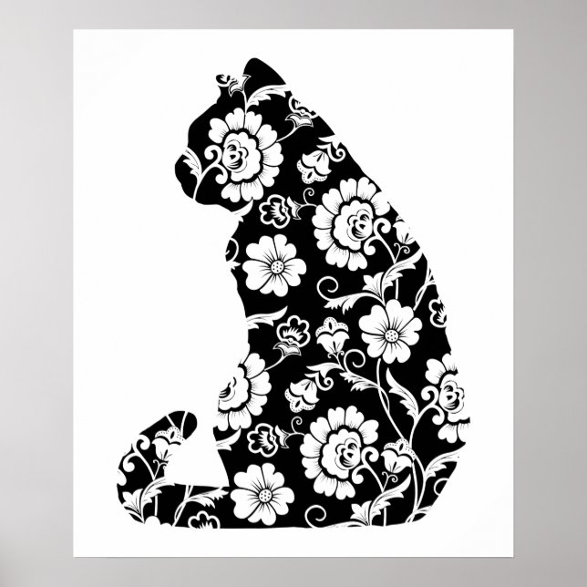 Silhouette Cat Flower Pattern Cat Lover, Cat Owner Poster (Front)