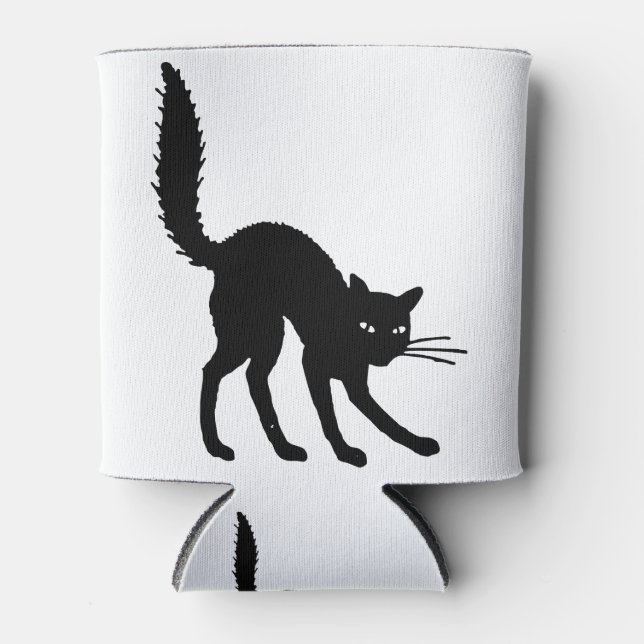 Silhouette Cat Halloween Black Cat Scared Angry Can Cooler (Front)