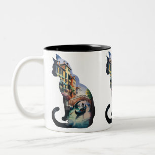 Silhouette cat painting art in Italy Two-Tone Coffee Mug