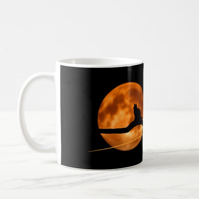 Silhouette Cat Under Full Moon - Night Art Design Coffee Mug (Left)